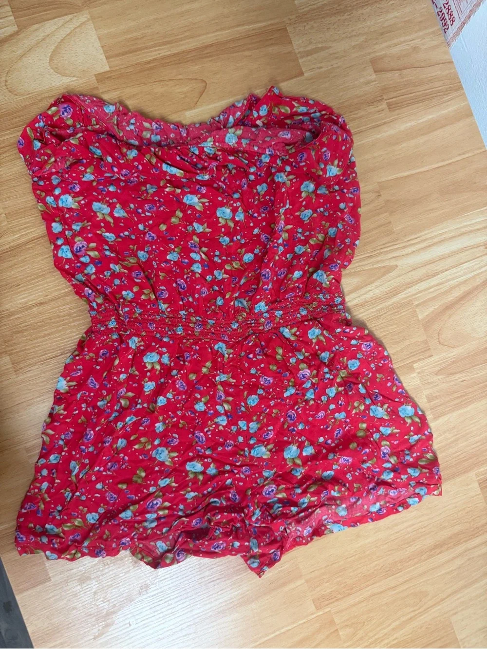 Forever 21 Red Floral Strapless Romper with Blue and Green Accents